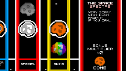 Asteroid selection menu, where asteroids are split into 'power-up', 'special' and 'skins'