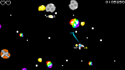 Screenshot from the game containing a armoured and rainbow asteroid