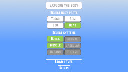 Menu showing options for body parts and systems to construct