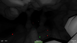 Screenshot from the game, picturing a dark cave with enemies in the distance